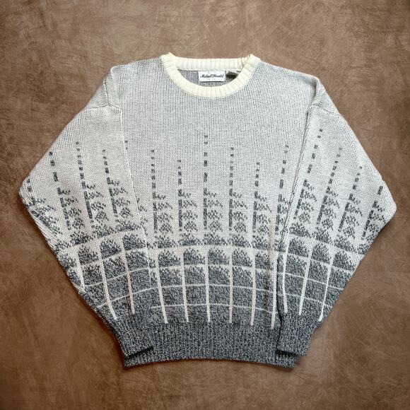 Michael Gerald Vintage 90s Checkered Ombre Knit Sweater Cream Gray Mens M Preppy - Picture 1 of 6